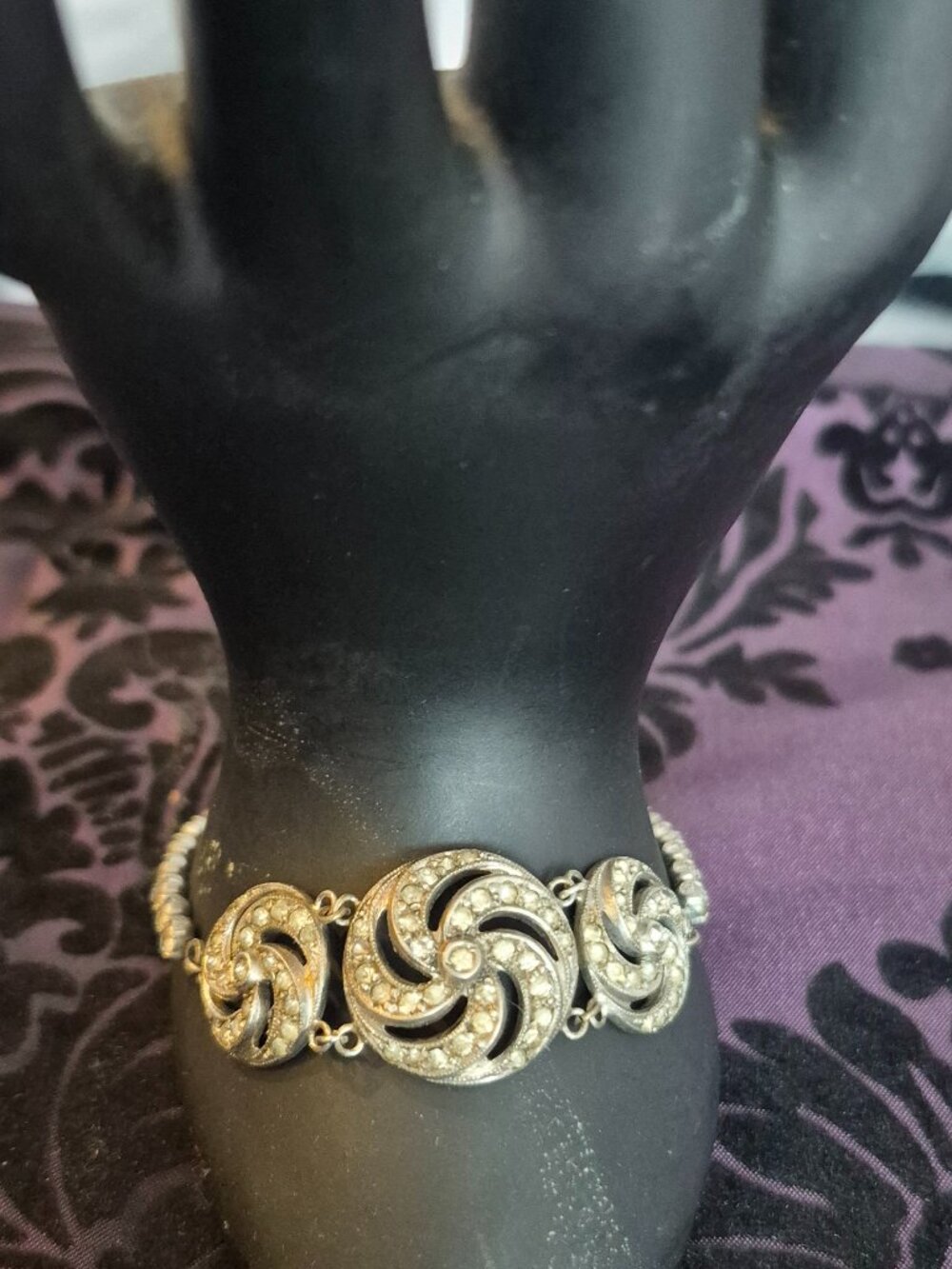 Vintage Art Deco Sterling Silver + CZ Ornate Floral Swirl Statement Bracelet